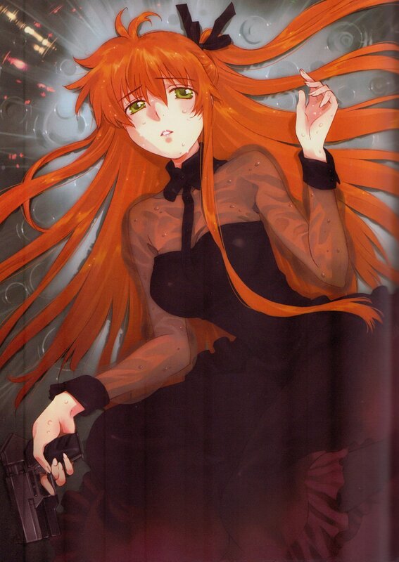 orange-haired anime girl with gun