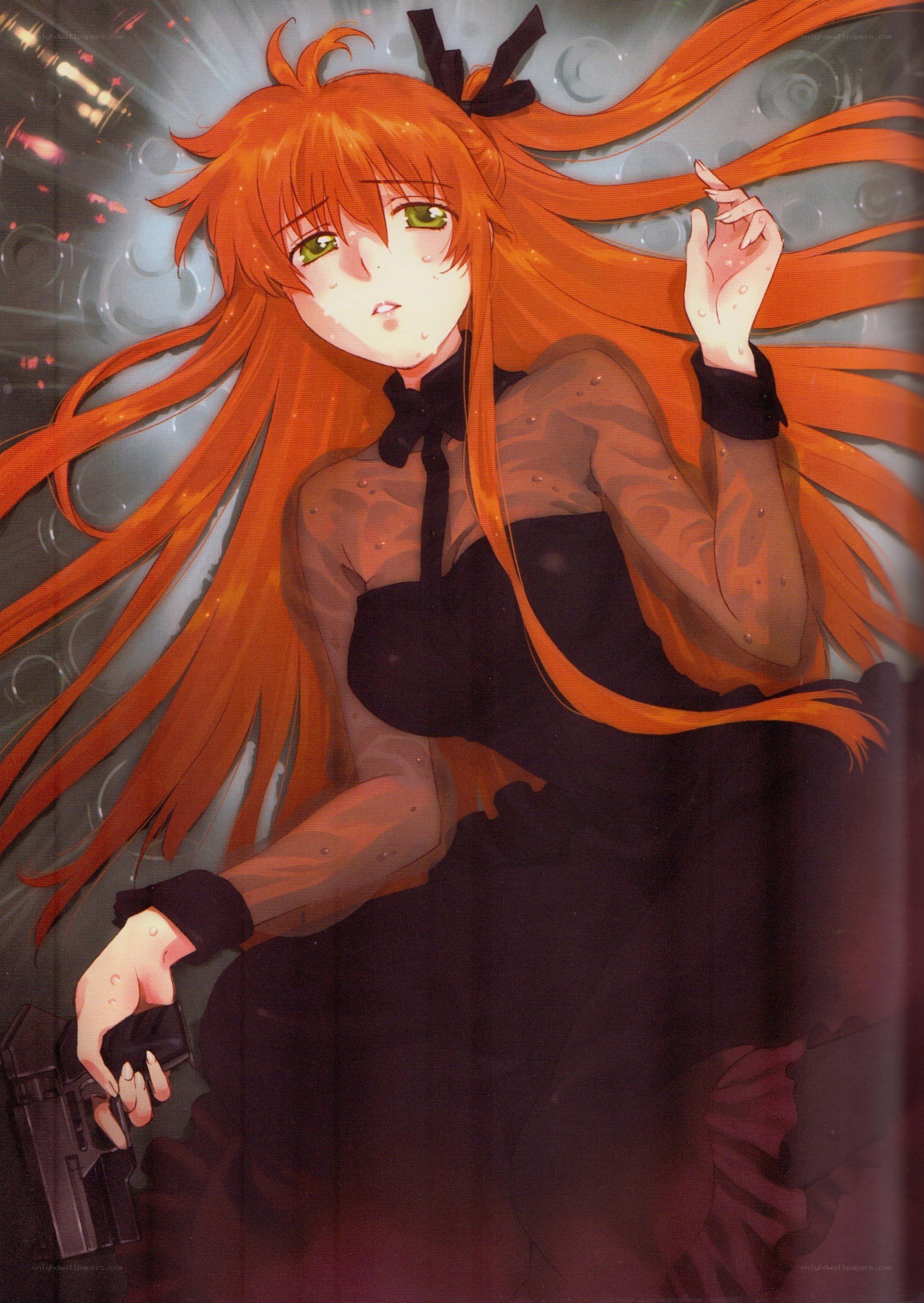 orange-haired anime girl with gun