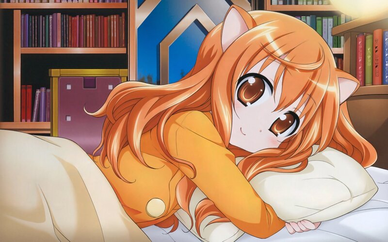 orange-haired cat girl in bed
