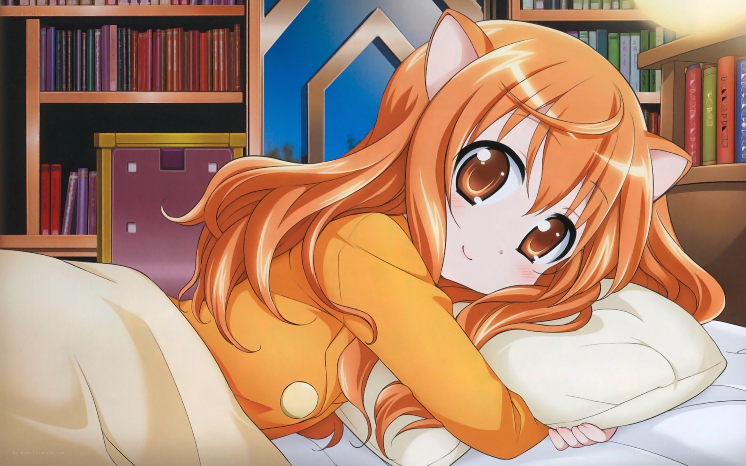orange-haired cat girl in bed