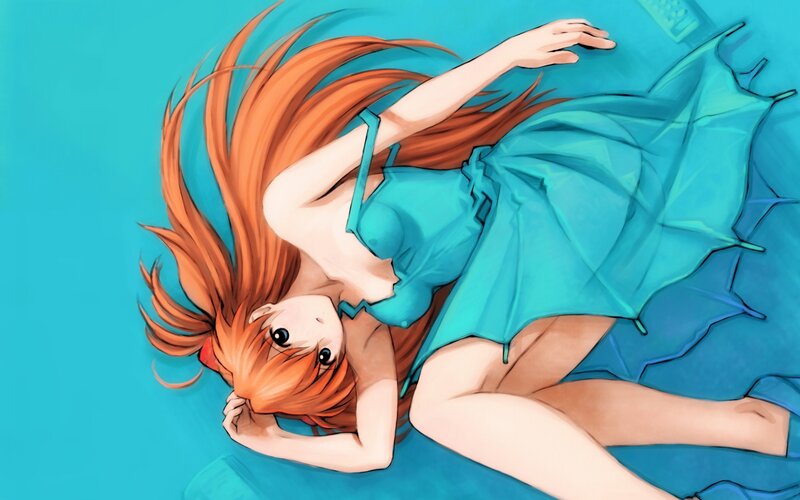 orange-haired girl in blue dress