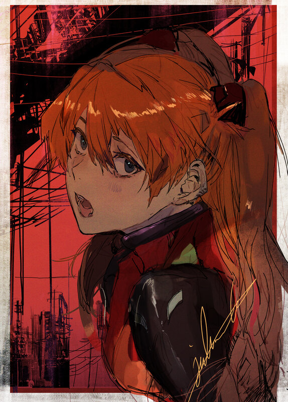 Orange-haired Girl in Red Suit — Dramatic, Anime, Red Background, Mechanical Structures