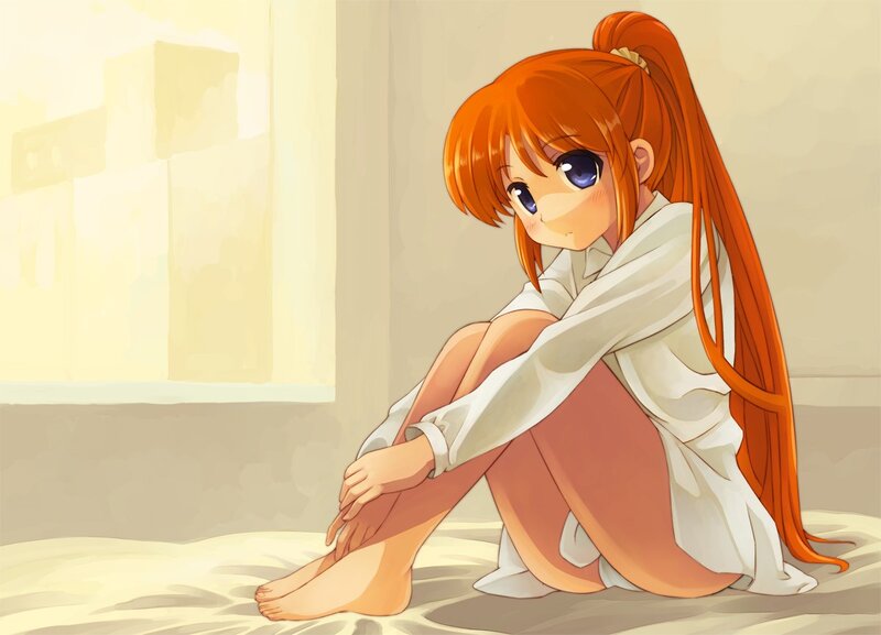 orange-haired girl sitting on floor