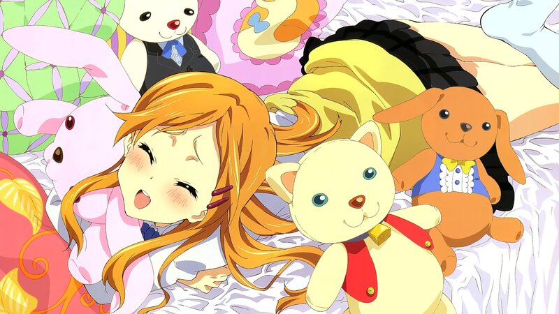 Orange-haired Girl with Stuffed Animals