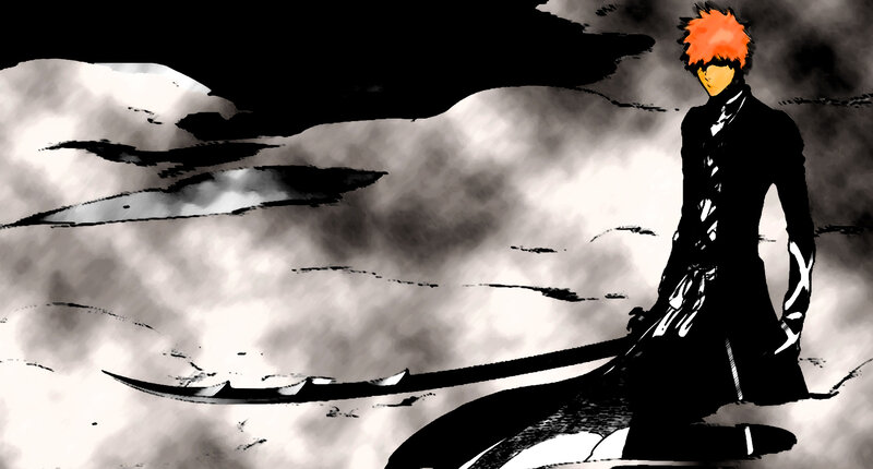 Orange-haired Man with Sword — Black, Dramatic, Manga, Clouds