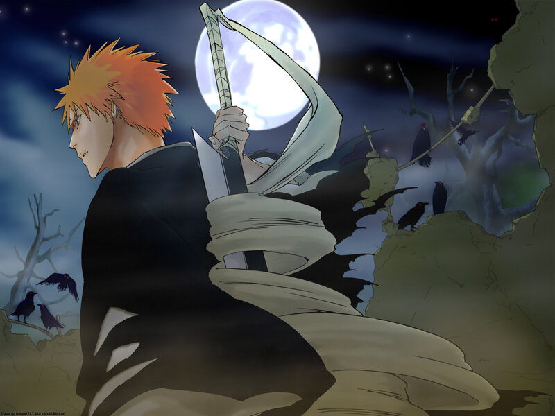 Orange-haired Man with Sword — Black, Dramatic, Night, Anime, Moon