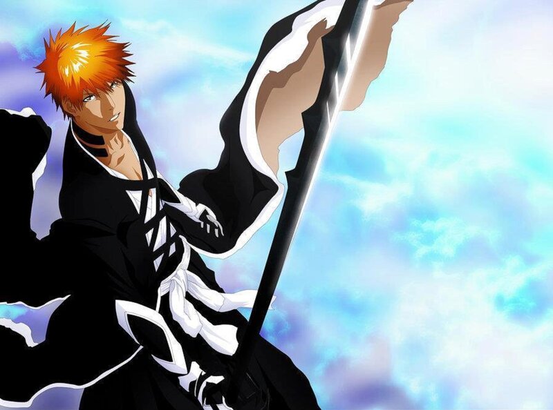 Orange-haired Warrior — Blue, Dramatic, Anime, Sword, Clouds