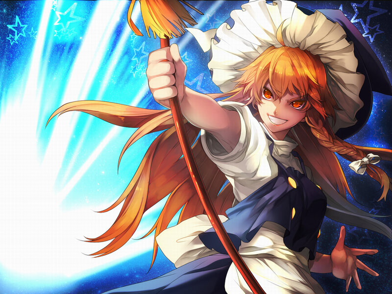 orange-haired witch with broom
