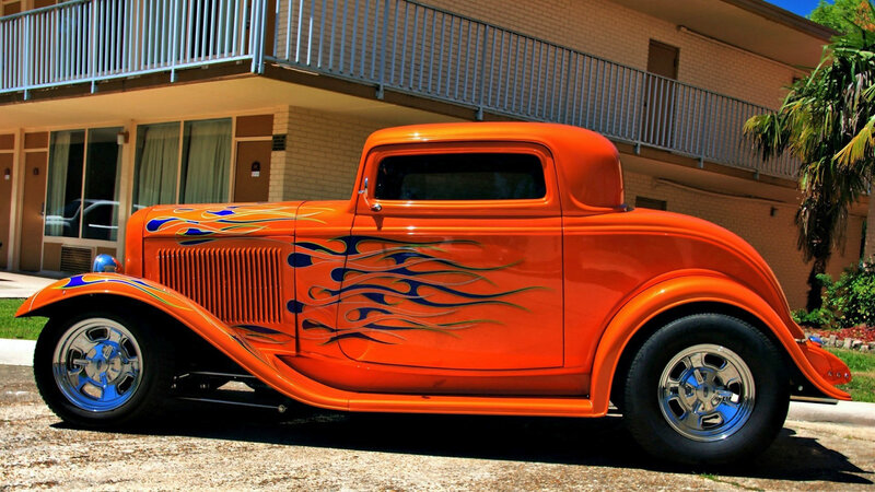 Orange Hot Rod Car — Bright, Afternoon, Photograph, Building, Palm Tree