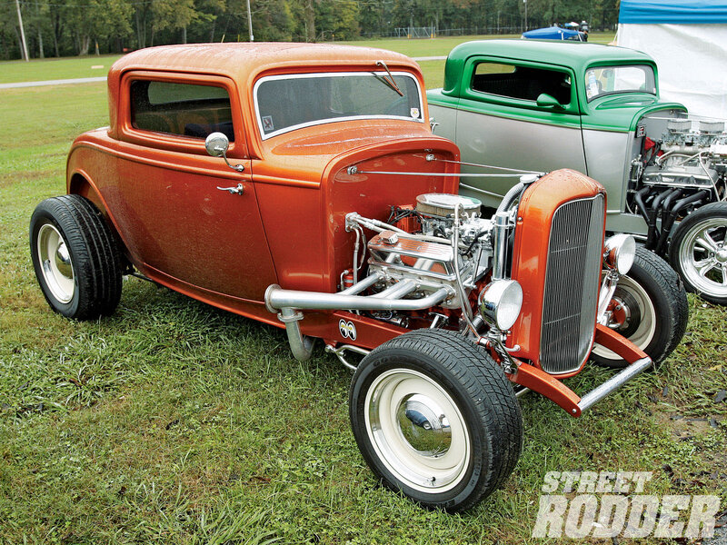 Orange Hot Rod Car — Calm, Afternoon, Photograph, Green and Silver Car