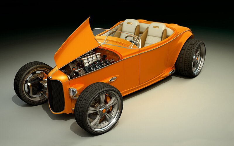 Orange Hot Rod Car — Dramatic, 3d Render, Open Hood