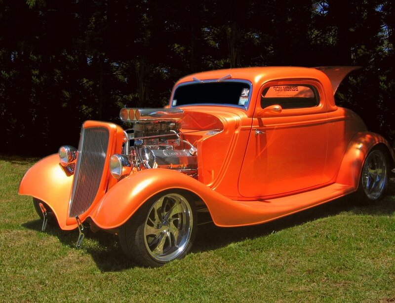 Orange Hot Rod Car — Dramatic, Afternoon, Photograph, Grass