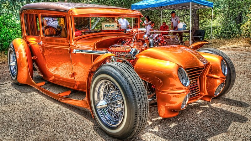 Orange Hot Rod Car — Dramatic, Afternoon, Photograph, People