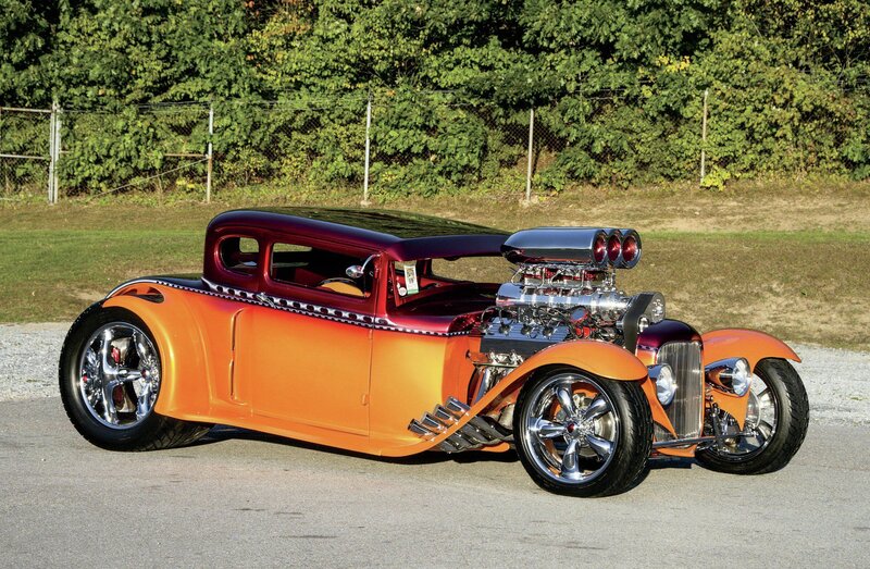 Orange Hot Rod Car — Dramatic, Afternoon, Photograph, Trees