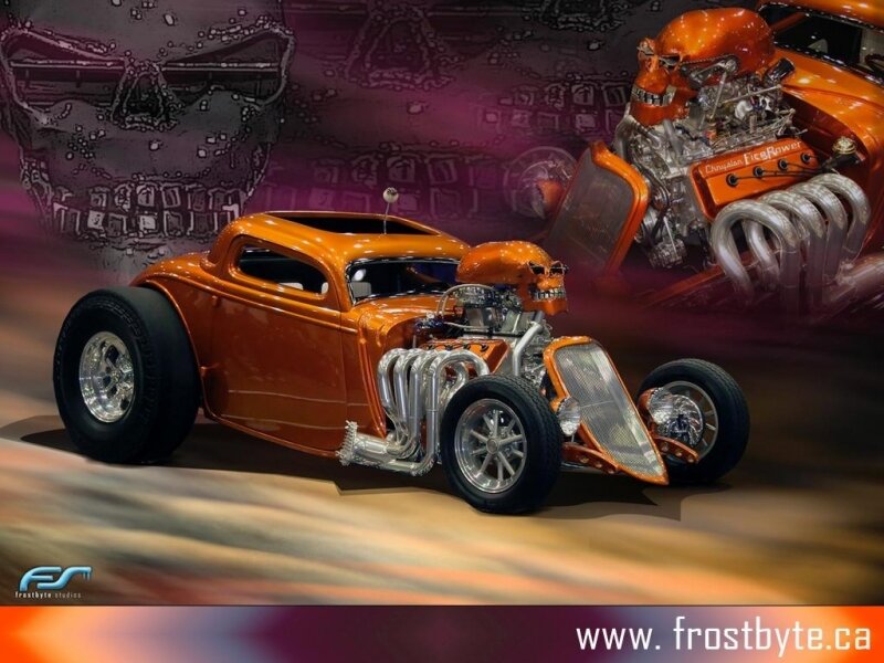 Orange Hot Rod Car — Dramatic, Digital Art, Skull