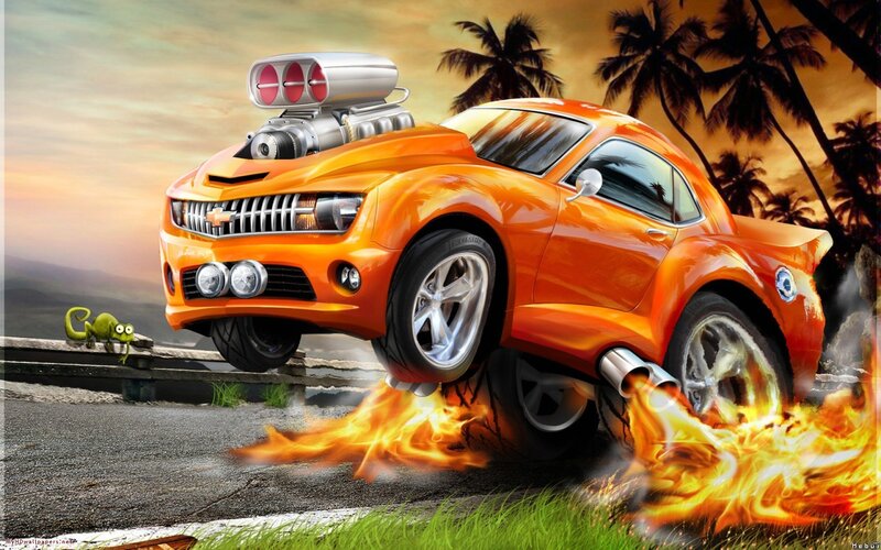 Orange Hot Rod Car — Dramatic, Sunset, Digital Art, Flames