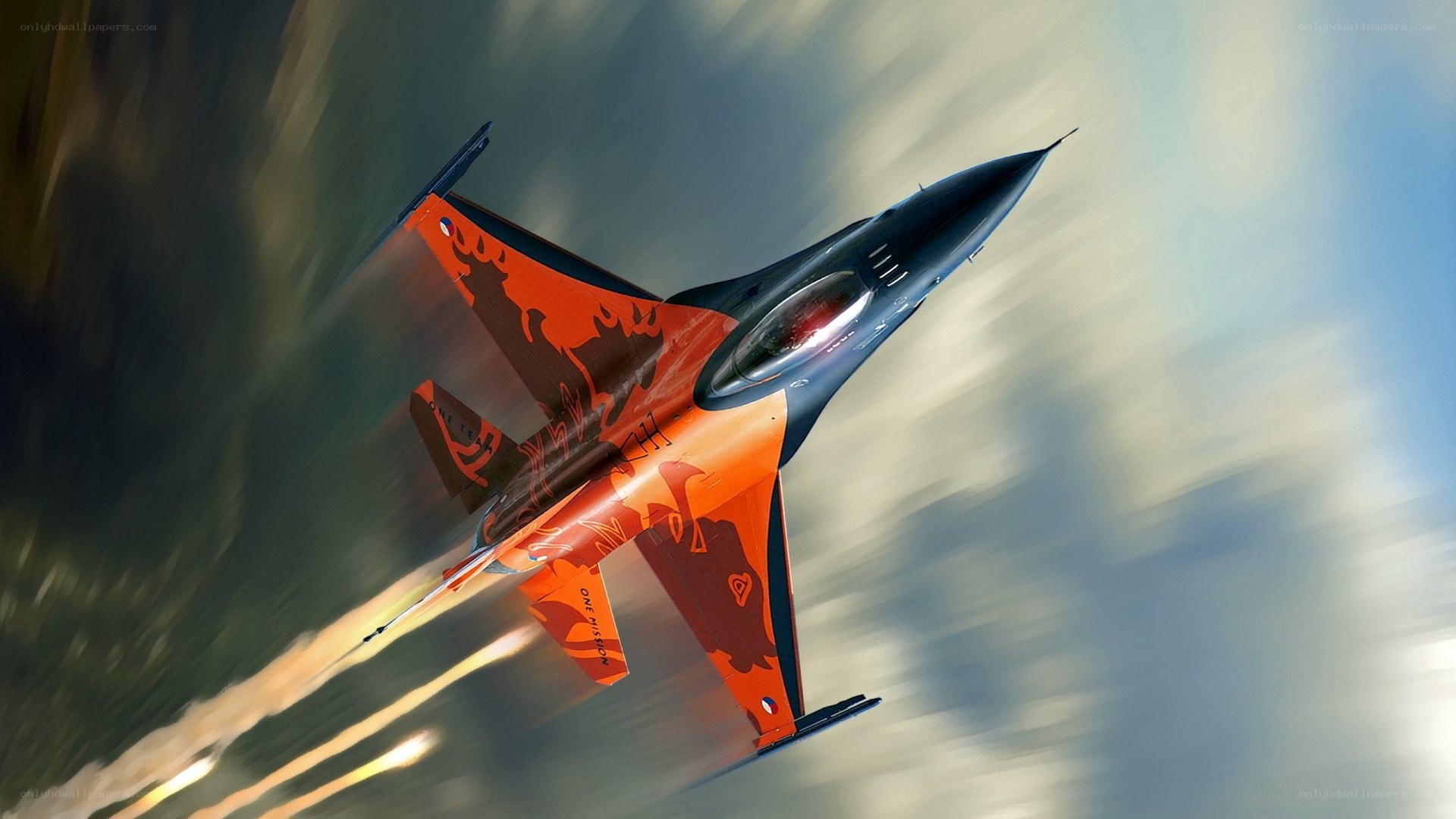 Orange jet fighter in flight