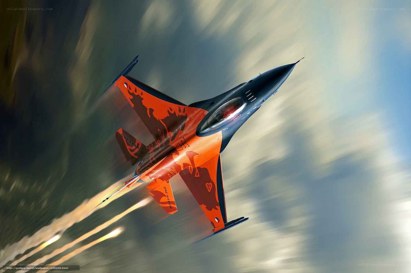 Orange jet fighter in flight