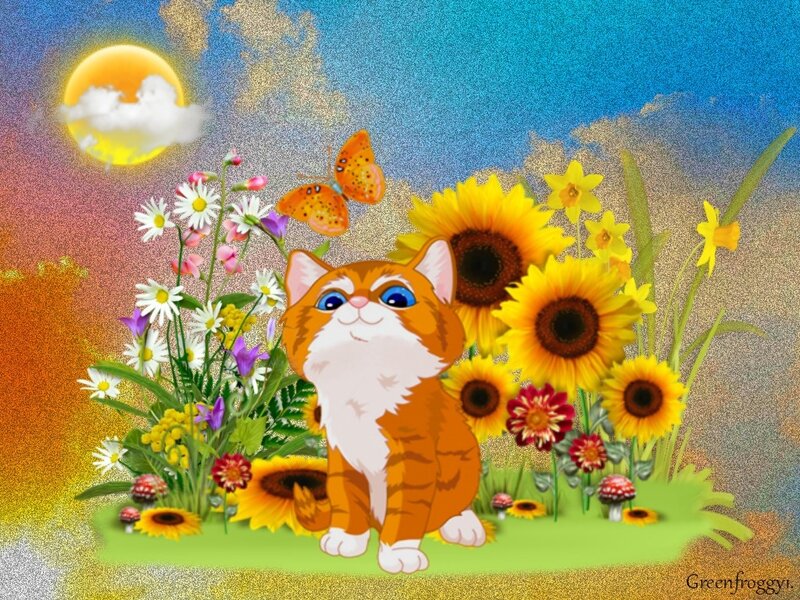 Orange Kitten in Flowers — Yellow, Cheerful