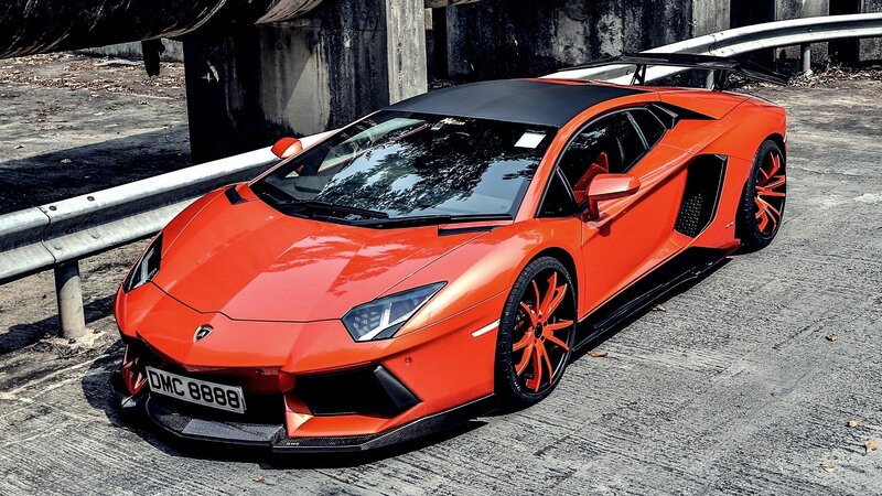 Orange Lamborghini Aventador — Dramatic, Afternoon, Photograph, Car, Guardrail, Concrete, Black, Gray