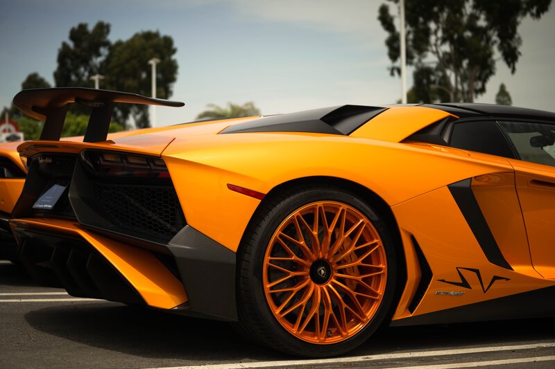 Orange Lamborghini Aventador — Dramatic, Afternoon, Photograph, Car, Tire