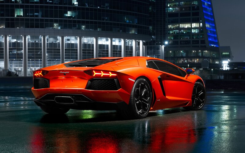 Orange Lamborghini Aventador — Dramatic, Night, Photograph, Car