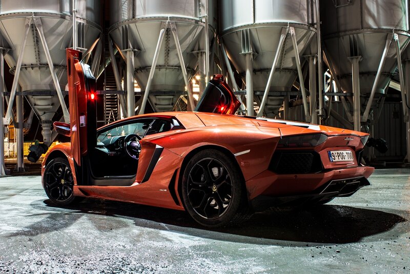 Orange Lamborghini Aventador — Dramatic, Night, Photograph, Silo