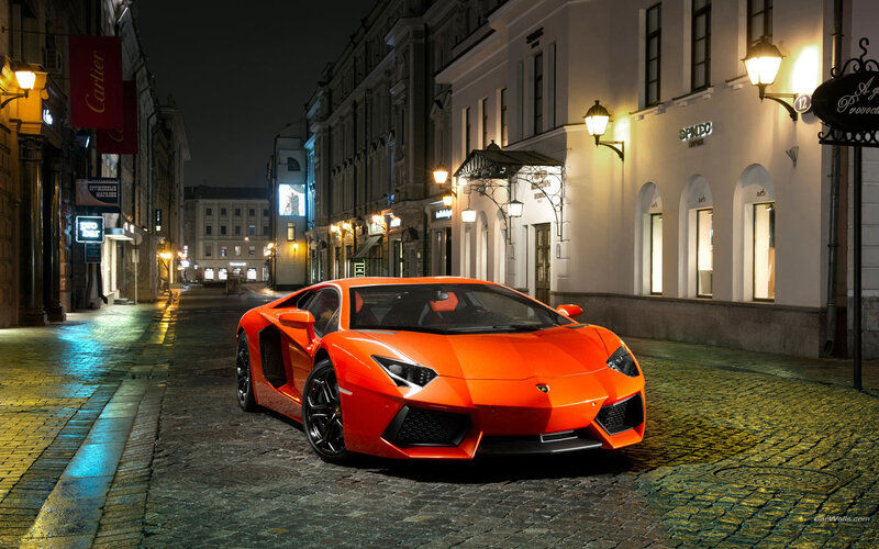 Orange Lamborghini Aventador — Dramatic, Night, Photograph