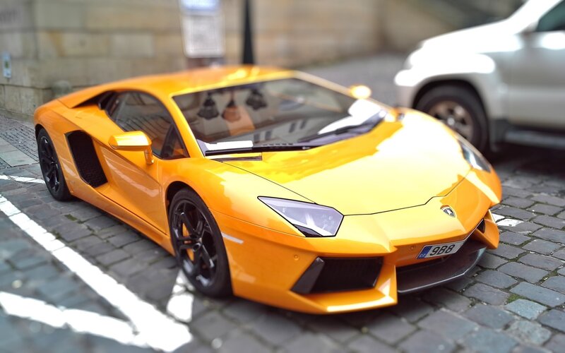 Orange Lamborghini Aventador — Dramatic, Photograph, Car, Cobblestone Street