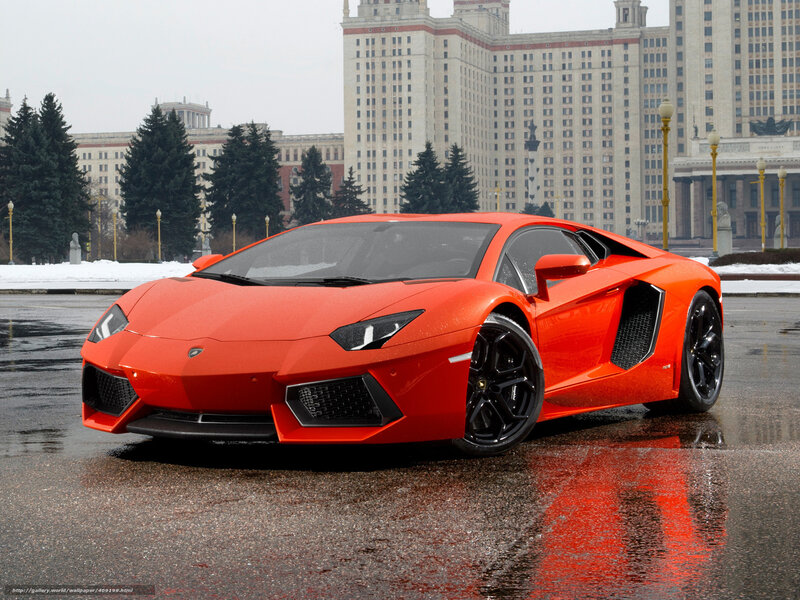 Orange Lamborghini Aventador — Red, Dramatic, Winter, Photograph, Building