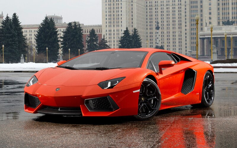 Orange Lamborghini Aventador — Red, Dramatic, Winter, Photograph, Building, Trees