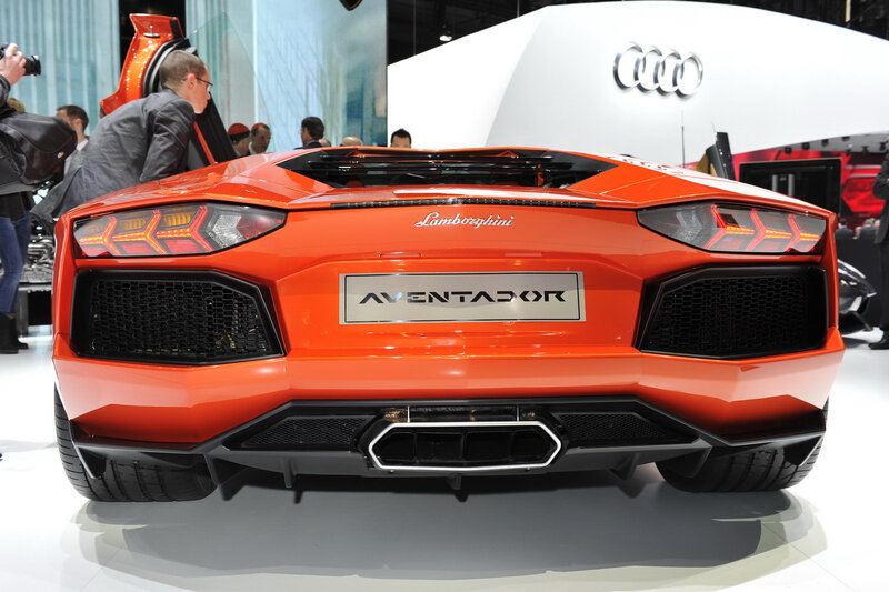 Orange Lamborghini Aventador — Showroom, Photograph, Car