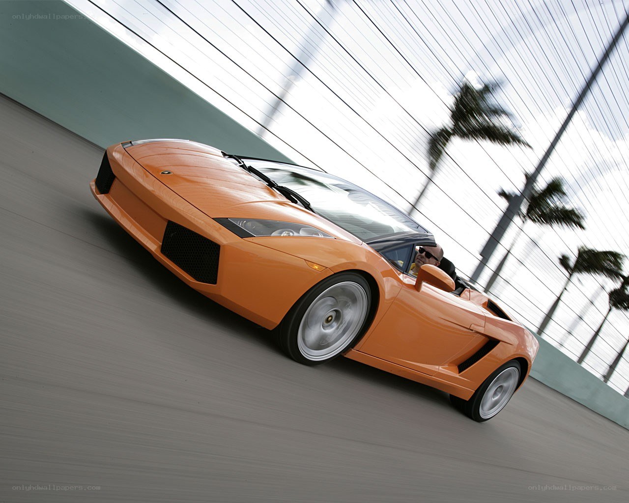 Orange Lamborghini convertible in motion