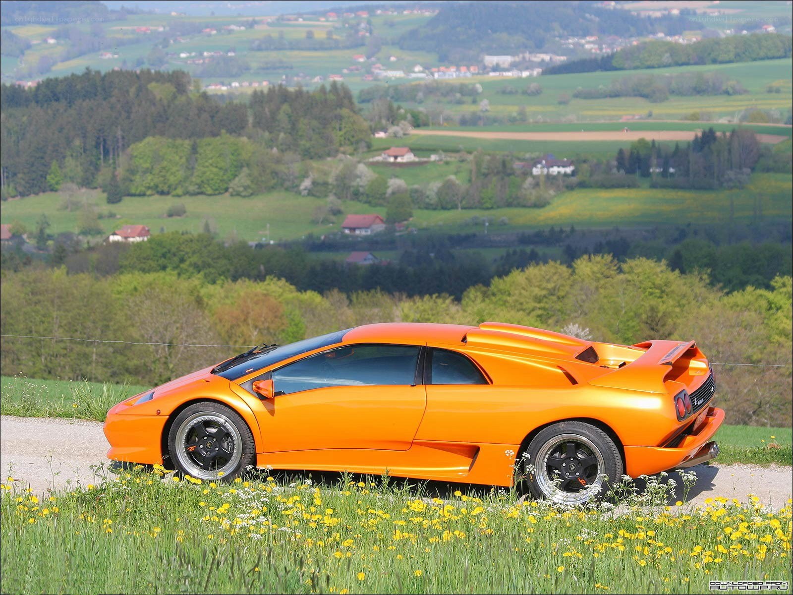 Orange Lamborghini Diablo in a field