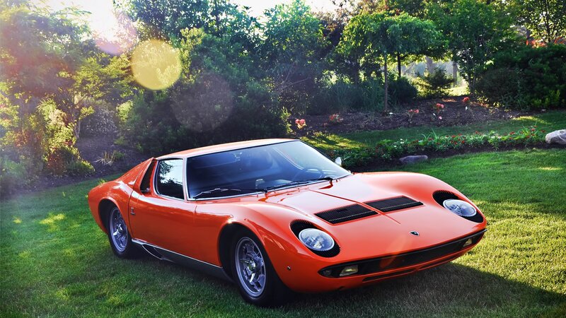 Orange Lamborghini in a garden
