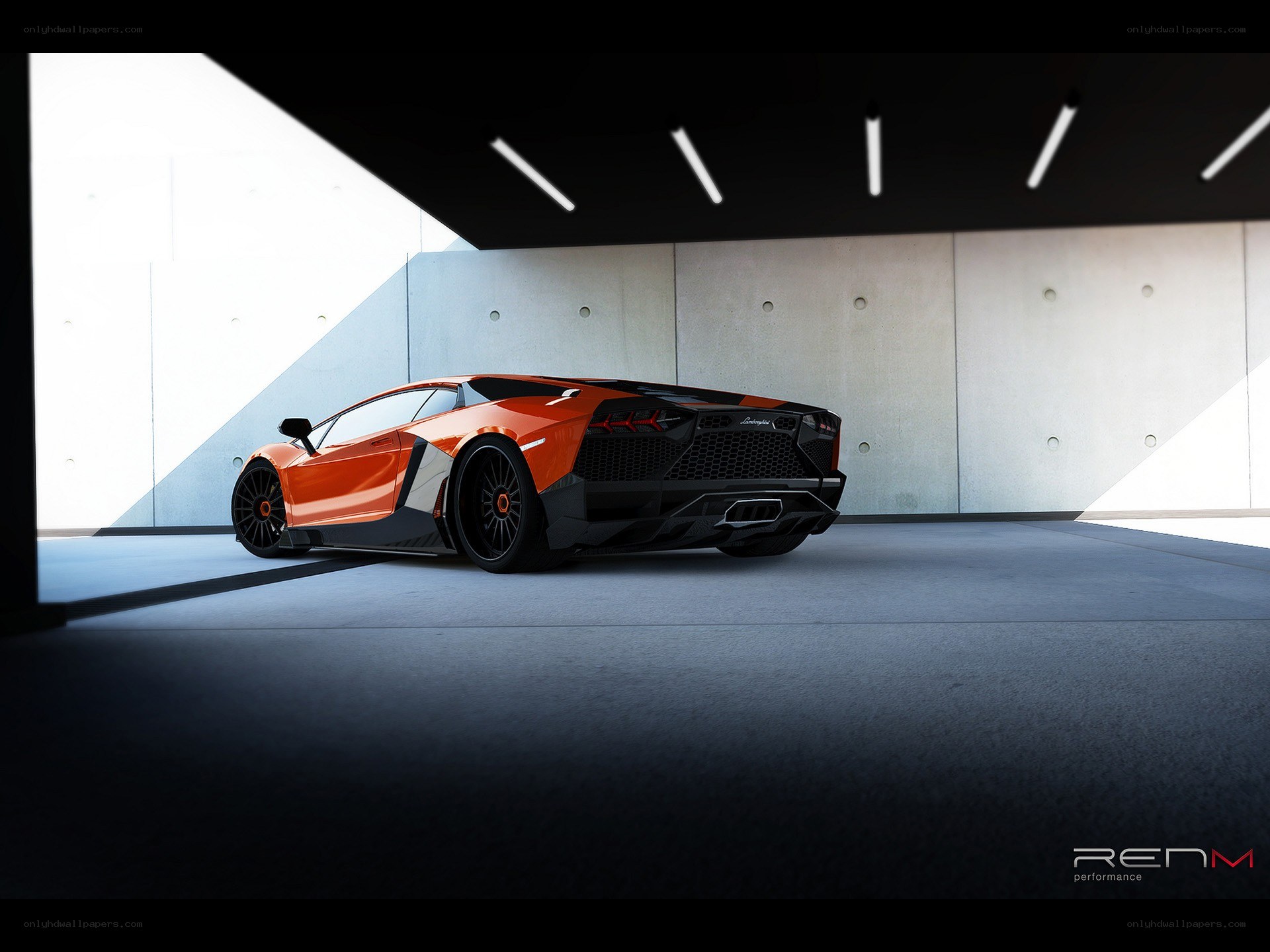 Orange Lamborghini in modern garage
