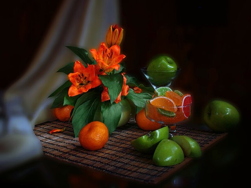 Orange Lilies and Fruit