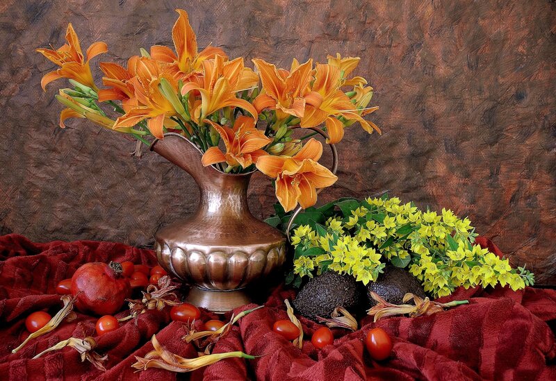 Orange Lilies in Vase — Brown