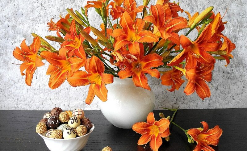 Orange Lilies in Vase — Calm, Photograph, Chocolates, Bowl