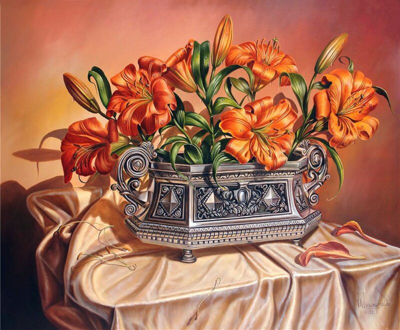Orange Lilies in Vase — Dramatic, Painting