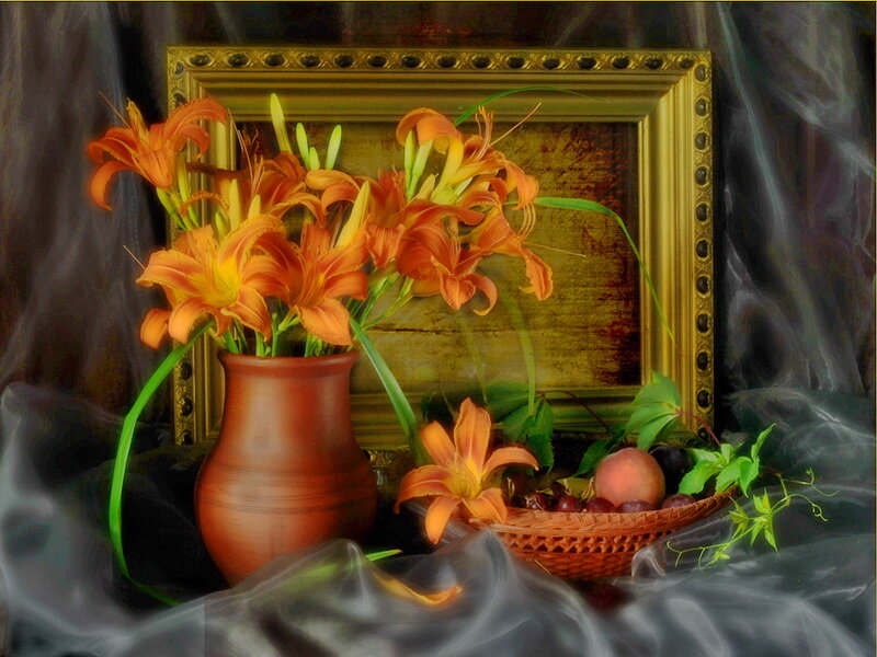 Orange Lilies in Vase — Dramatic, Photograph