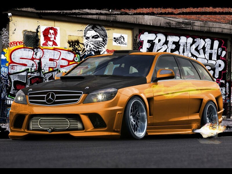 Orange Mercedes with flames