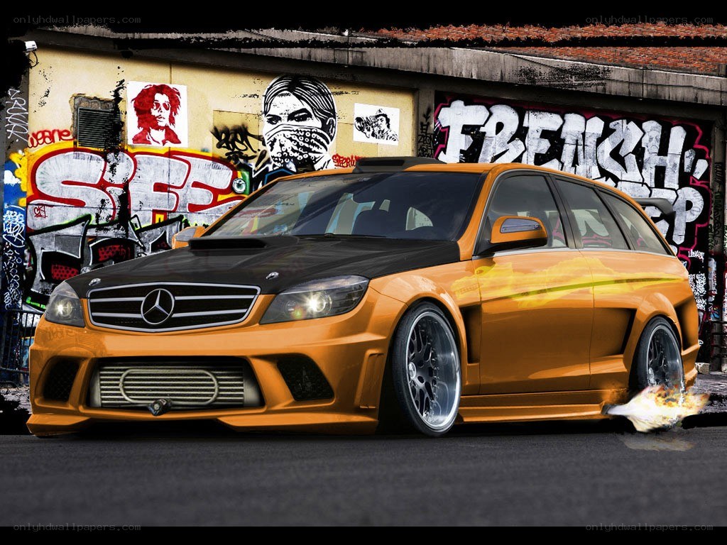 Orange Mercedes with flames
