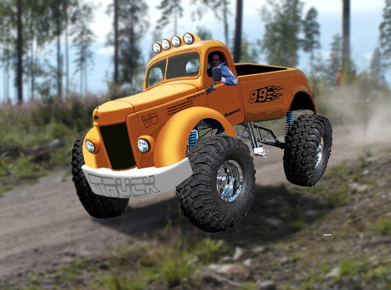 orange monster truck in forest