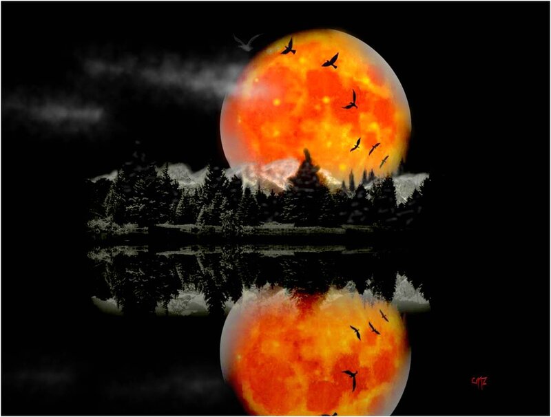 Orange Moon over Lake