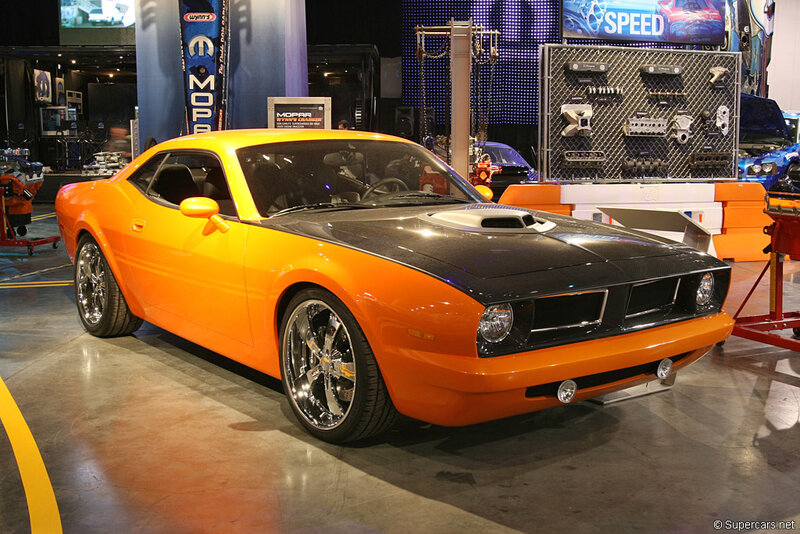 orange muscle car at auto show