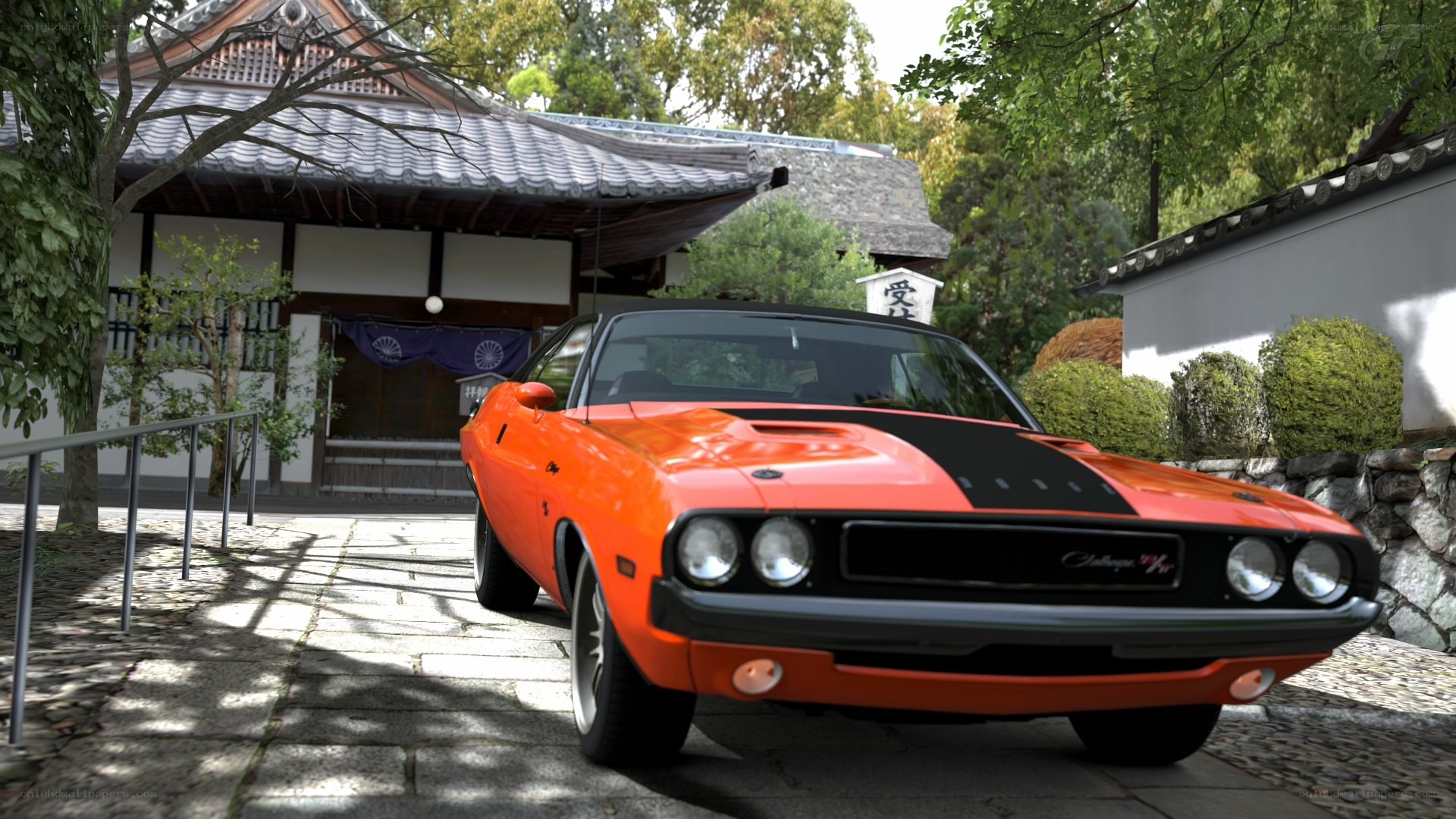 Orange muscle car at temple