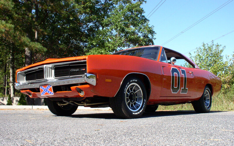 Orange Muscle Car — Bright, Afternoon, Photograph, Trees