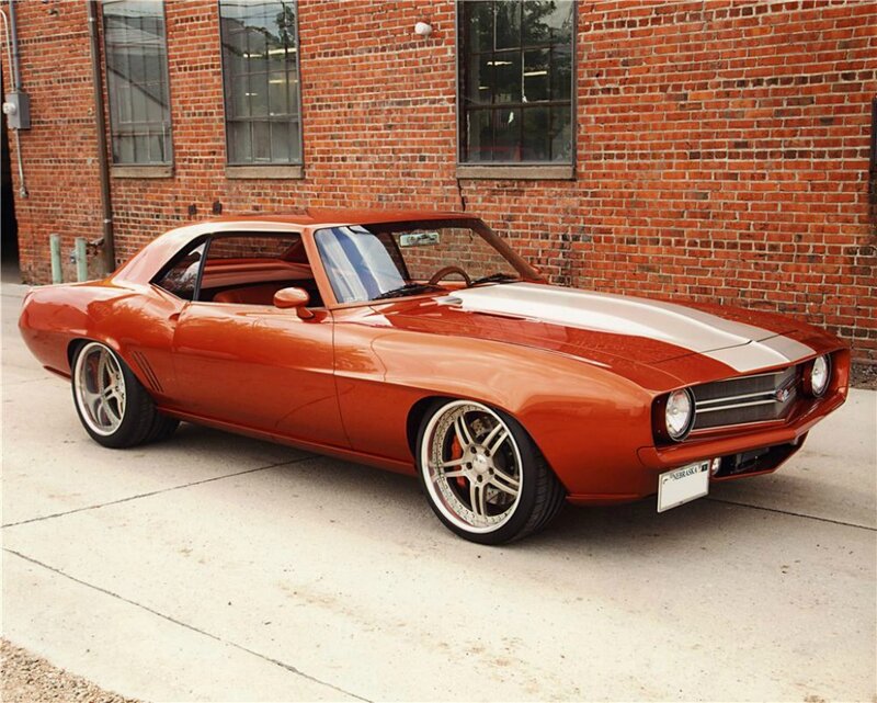 Orange Muscle Car — Calm, Afternoon, Photograph, Brick Building