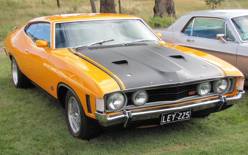 Orange Muscle Car — Calm, Afternoon, Photograph, Grass, Trees, Black